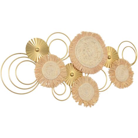 Décoration murale design en métal doré et corde naturelle – Formes circulaires 99 cm DEC050028