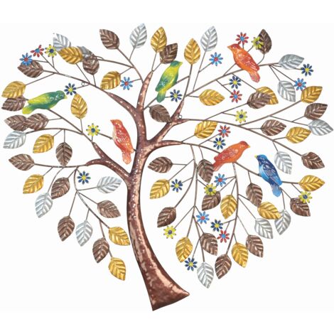 Décoration murale arbre en forme de cœur – Métal peint avec oiseaux colorés DEC050048 (1/4)