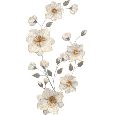 Décoration murale en métal "Branche fleurie" – Gris, crème et doré – 85 cm DEC050005 (1/3)