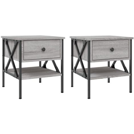 Lot de 2 tables de chevet avec tiroir et étagère 40 x 42 x 45 cm bois ingénierie gris et fer DEC035728 (1/5)