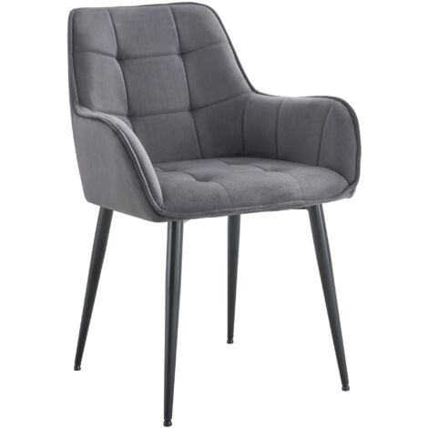 Chaise de salle à manger x1 avec accoudoirs en velours gris foncé capitonné cadre métal noir 100007193 (1/5)