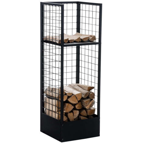 Range-bûches vertical 40x40x120 en métal noir avec tablette – Rangement bois de chauffage design 100009030 (1/5)