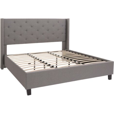 Lit double rembourré 180x200 cm gris avec sommier à lattes cadre en bois massif tête de lit capitonnée et clous décoratifs 040010072 (1/5)