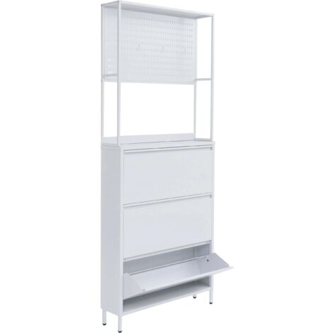 Meuble à chaussures avec 3 compartiments basculants armoire à chaussures avec étagère et crochets 201x80x20 cm en métal blanc 040008883 (1/5)