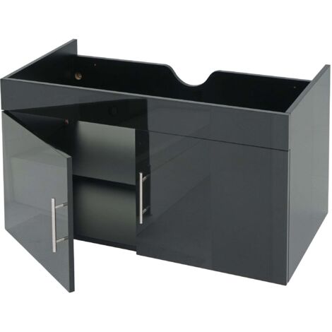Meuble sous-vasque 90 cm meuble de salle de bain suspendu avec 2 portes et étagère réglable MDF noir brillant 040010535