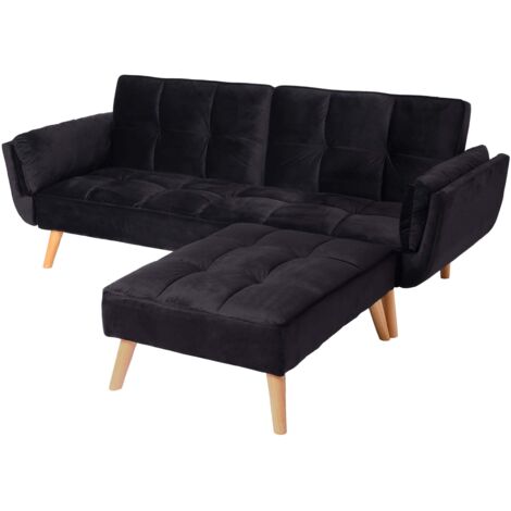 Canapé d’angle convertible velours noir avec méridienne modulable dossier réglable 3 positions 218x175 cm 040010442 (1/5)
