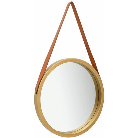 Miroir rond convexe en bois de paulownia en métal doré effet