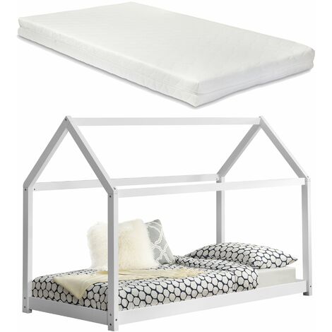 Lit d'enfant cabane maison avec matelas et sommier à lattes en pin blanc 90 x 200 cm 030002641 (1/5)