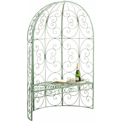 Banc de jardin avec arche à rosiers en métal vert vieilli style vintage MDJ10185