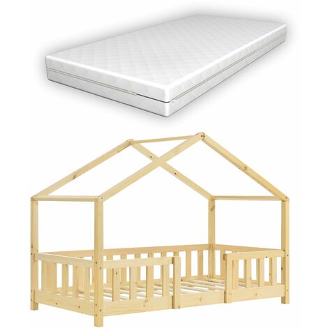 Lit pour enfant cabane maison avec matelas barrière et sommier en bois de pin naturel 70 x 140 cm 030005458 (1/5)