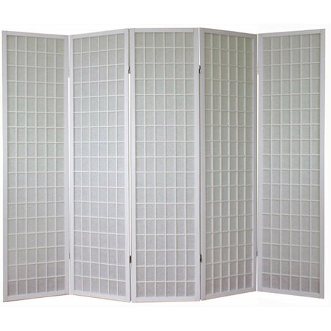 Paravent 5 panneaux pans en bois blanc et papier riz 175x220cm PAR06059 (1/3)