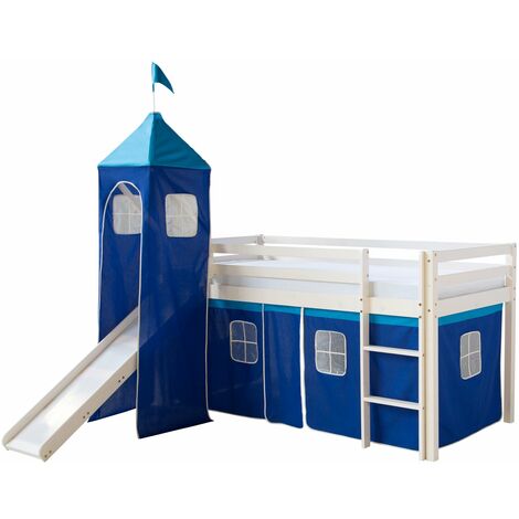 Lit mezzanine 90x200cm avec échelle toboggan en bois laqué blanc et toile bleu incluse LIT06009 (1/5)