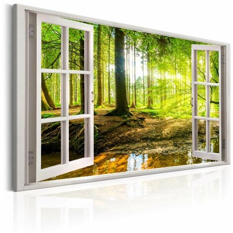 Tableau sur toile décoration murale image imprimée cadre en bois à  suspendre Fenêtre : Vue sur Forêt