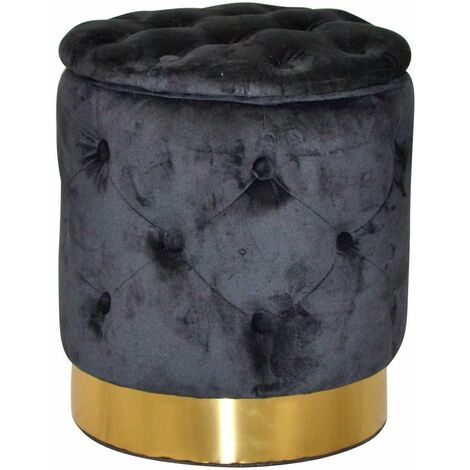 Tabouret pouf repose-pieds avec base bordé doré avec espace de rangement en tissu noir TABO05017 (1/2)
