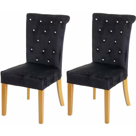 Lot de 2 chaises à manger cuisine en velours noir avec décoration bouton cristal pieds bois clairs 040000353 (1/5)