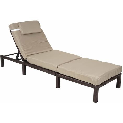 Chaise longue relax bain de soleil pour jardin extérieur terrasse en poly-rotin marron coussin crème 040004235 (1/5)