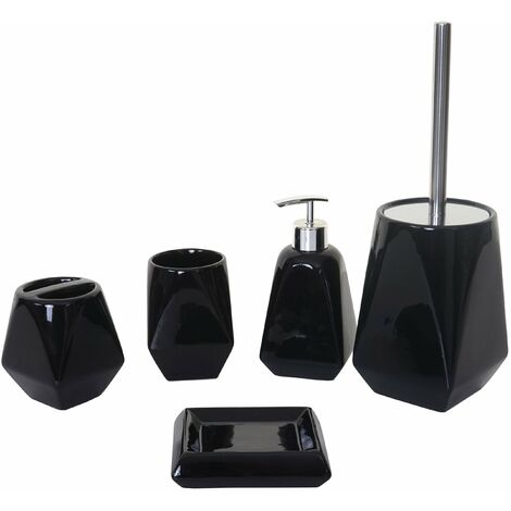 Ensemble d'accessoires de salle de bain 5 pièces porte-brosse WC porte-brosse à dents en céramique noir 040003022 (1/5)