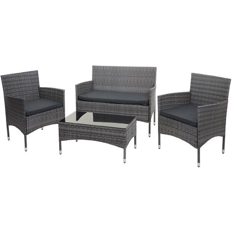 Salon de jardin balcon jardin en polyrotin gris canapé fauteuils table coussin gris foncé 040004209 (1/5)