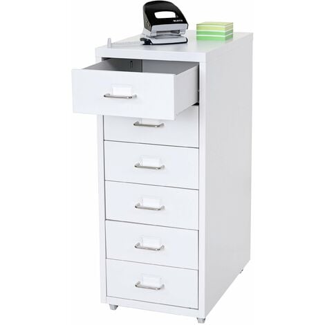 Caisson à tiroirs rangement bureau sur roulettes 69x28x41cm 6 tiroirs en acier blanc 040004357