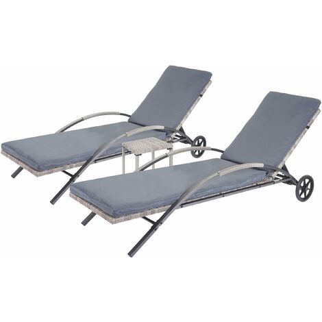 Ensemble de 2 chaises longues bain de soleil transat de jardin avec petite table polyrotin gris coussins gris 040002963 (1/5)