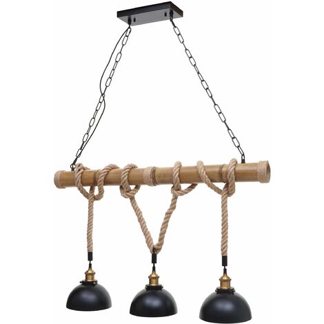 Suspension Lampe lustres style industrielle vintage bambou corde métal noir 3x abat-jour dôme 040003598