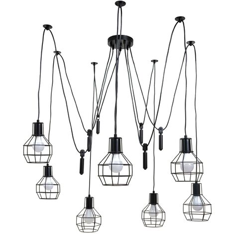 Suspension lampe suspendue lampe suspendue hauteur réglable en métal industriel noir 7x abat-jour en treillis 040004053 (1/5)