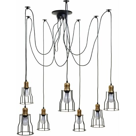 Suspension lampe suspendue lustre hauteur réglable en métal style industriel noir 7x abat-jour cage 040004043 (1/5)