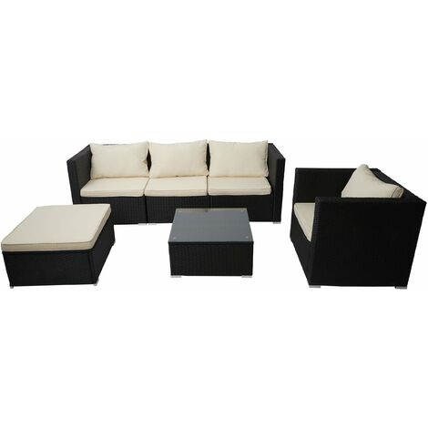 Ensemble de jardin canapés tabouret table en polyrotin noir coussins crème 040004229 (1/5)