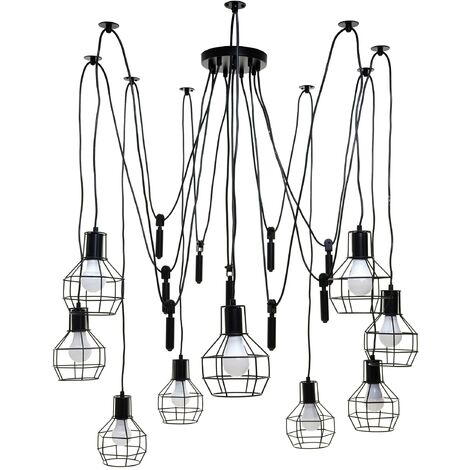 Suspension lampe suspendue lustre hauteur réglable en métal industriel noir 9x abat-jour en treillis 040004057 (1/5)