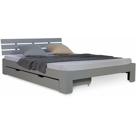 Lit double 140x200 cm avec tiroir de rangement et sommier à lattes cadre en bois de pin gris LIT06224 (1/5)