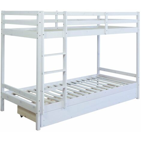 Décoshop26 – Lit superposé en bois de pin blanc 90x200 cm avec sommier à lattes et tiroir de rangement – LIT06099 (1/5)