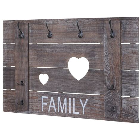 Porte-manteau mural Family panneau mural style vintage avec 8 crochets 60x90cm en bois marron 040001005 (1/5)