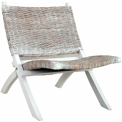 Chaise basse relax siège d'appoint décoratif en rotin kubu naturel et acajou massif blanc FAL02003 (1/5)