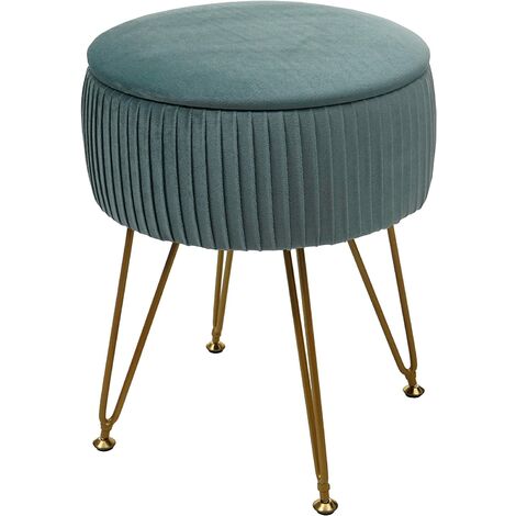Tabouret avec compartiment de rangement Ø 33cm aspect velours vert clair cadre doré TABO04014 (1/5)