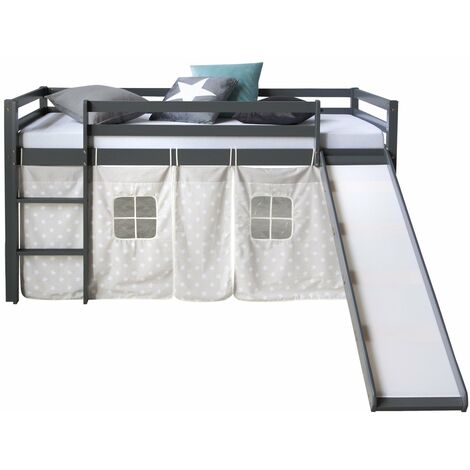 Décoshop26 – Lit mezzanine pour enfant 90x200cm en bois gris avec échelle réversible et toboggan – Rideau étoilé 100% coton – LIT06173