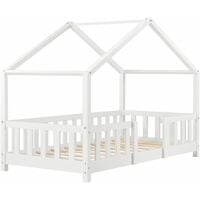 Lit cabane pour enfant forme de maison avec barrière de sécurité en bois de pin blanc 70 x 140 cm - or