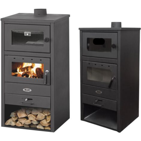 Stufa a Legna con Forno Ghisa e Acciaio 12kW Riscaldamento 140m3 con Portalegna - Nero (1/5)