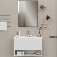 Set Mobile Bagno Sospeso 80 cm Lavabo e Specchio, 1 Cassetto 1 Vano Multiuso Salvaspazio, Ceramica e Legno, Moderno - Bianco