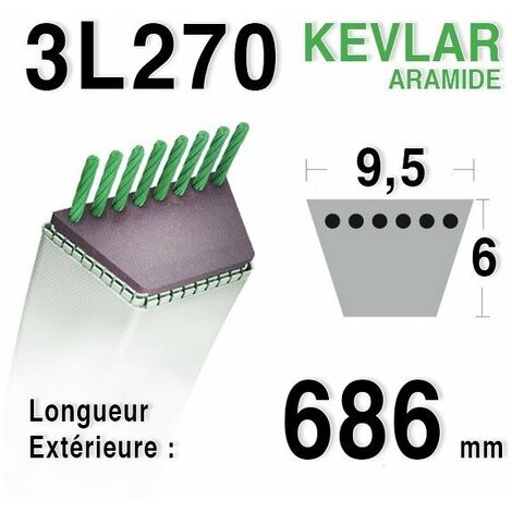Courroie pour moteur thermique 3L27 – Longueur 686 mm – Largeur 9,5 mm – Compatible tondeuses et motoculteurs