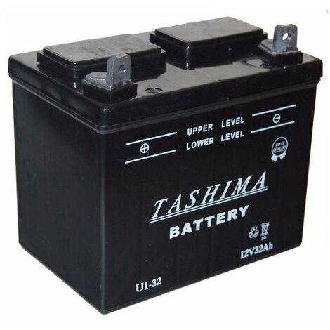 Batterie plomb TASHIMA pour tondeuse autoportée 12V, 32A. L: 196, l: 131, H:184mm, + à gauche. (livrée sans acide). - Batterie à (1/2)