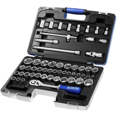 Expert – Coffret cliquet et douilles 1/2' – 55 pièces – Douilles 6 pans et Torx – Rallonges 130mm et 250mm – Boîte de rangement métal