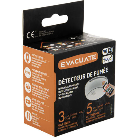 Détecteur de fumée WIFI via l'application TUYA - Alerte en cas de détection de fumée sur votre smartphone-  Autonomie : 5 ans et Garantie : 3 ans - EVACUATE