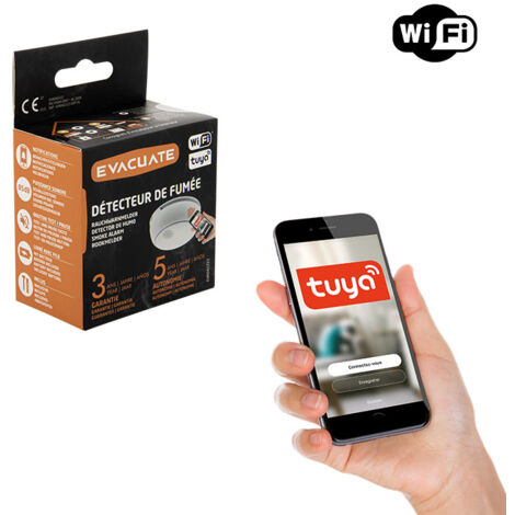 Détecteur de fumée WIFI via l'application TUYA - Alerte en cas de détection de fumée sur votre smartphone-  Autonomie : 5 ans et Garantie : 3 ans - EVACUATE