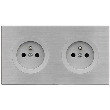 Fontini – Prise de courant double 2P+T encastrée aluminium glossy IP20 – Courant 16A 250V – Plaque double métallisée gris pour installations professionnelles
