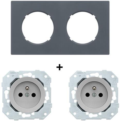2 prises 2P+T ALU glossy DOM + plaque double blue grey - FONTINI