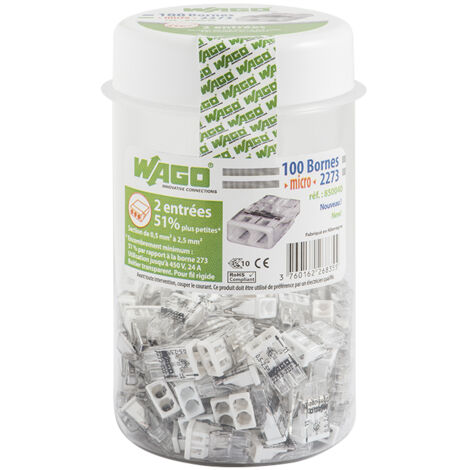 Wago – Pot de 100 mini bornes de connexion automatique 2 entrées – Type PUSH WIRE® – Tension 450V – Courant 24A – Section câble 0,5 à 2,5 mm² - S2273