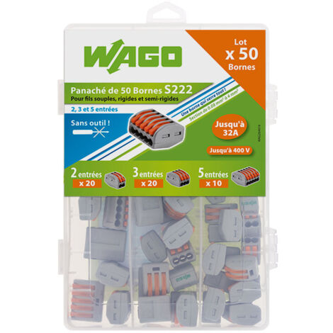 Wago – Valisette 50 bornes de connexion rapide à levier – Pour fils souples et rigides – Tension 400V – Intensité 32A – Section 0,08 à 4 mm² (1/9)