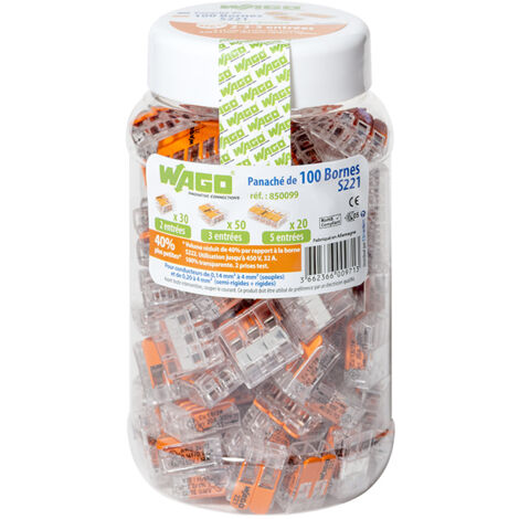 Pot panaché de 100 bornes de connexion automatique 2, 3 et 5 entrées – CAGE CLAMP® – 32A – 405V – Raccordement 0.14 à 4 mm²