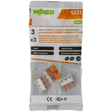 Sachet de 3 bornes S221 3 entrées fils souples et rigides 0.5 à 6mm² -WAGO