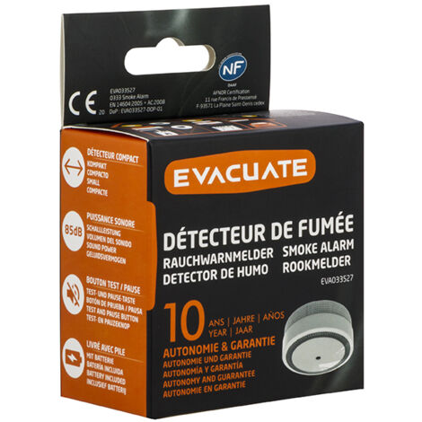 Lot de 3 détecteurs de fumée NF autonomie 10 ans - EVACUATE